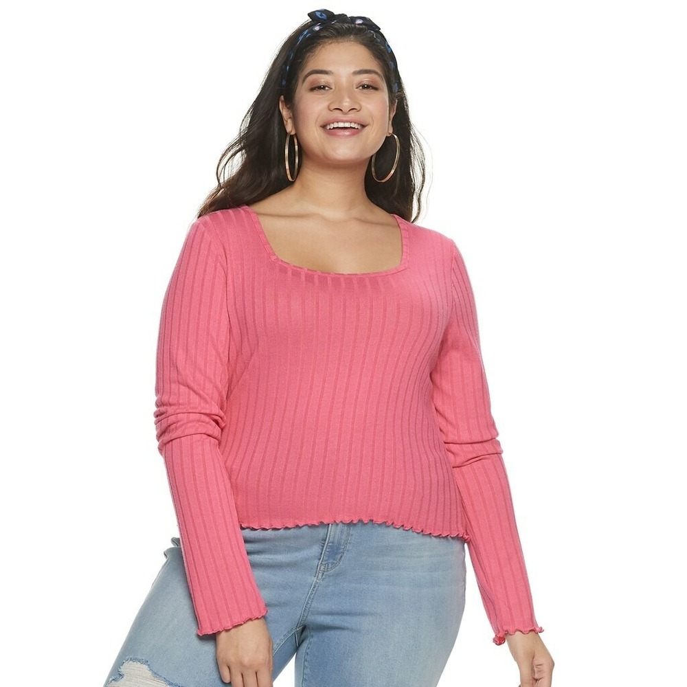 SO Juniors' Plus Size 1X Square Neck Ribbed Top Soho Pink NWT